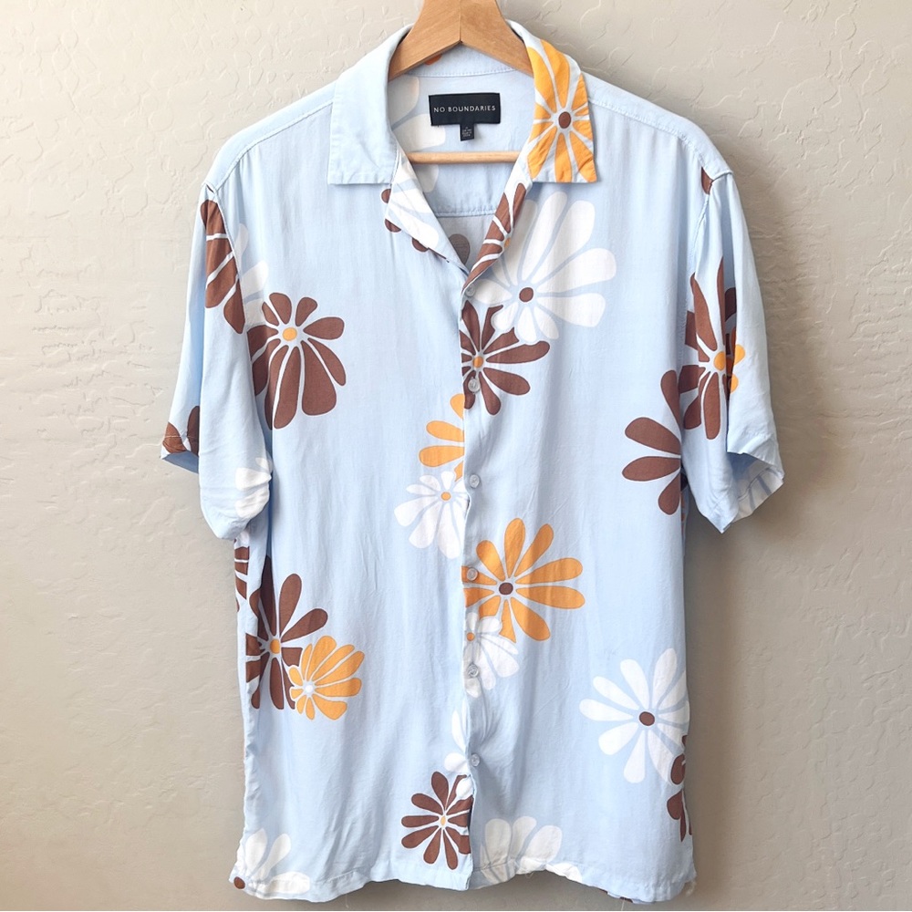 No Boundaries Light Blue Tropical Print Button Down Shirt